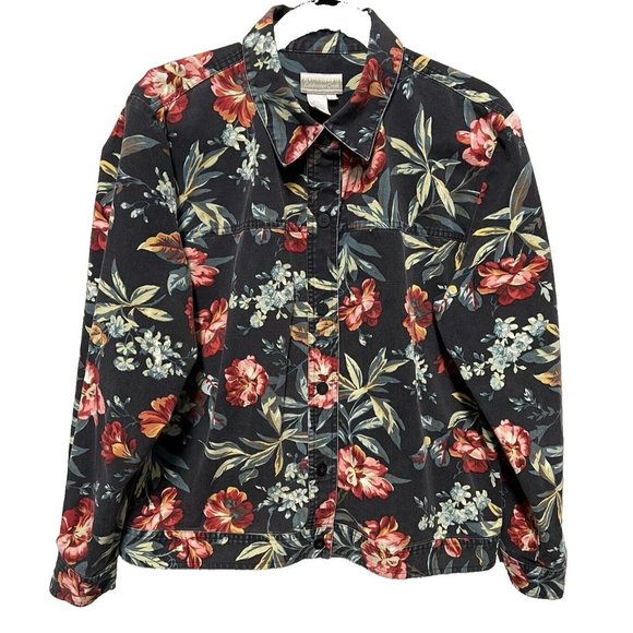 Coldwater Creek Jackets & Blazers - Coldwater Creek Women's Jacket Large Coat Teal Pink Floral Cotton Button